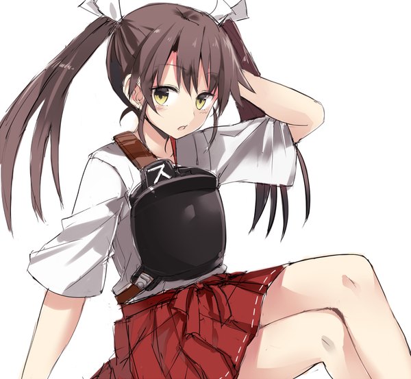 Anime picture 976x900 with kantai collection zuikaku aircraft carrier kuhotaka single long hair looking at viewer blush open mouth simple background brown hair white background sitting twintails yellow eyes crossed legs hand on head girl armor
