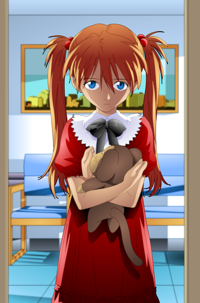 Anime picture 1489x2250 with neon genesis evangelion end of evangelion gainax soryu asuka langley single long hair tall image looking at viewer blue eyes standing twintails holding orange hair loli puffy sleeves crossed arms sad girl dress ribbon (ribbons)
