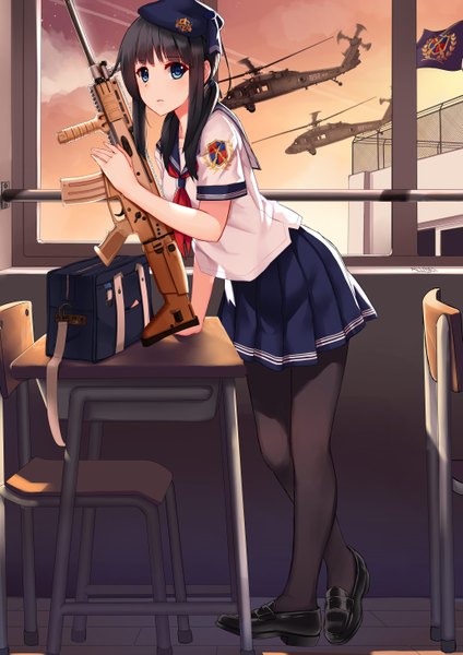 Anime picture 4133x5846 with original allenes single long hair tall image looking at viewer highres blue eyes black hair absurdres girl skirt uniform weapon school uniform pantyhose serafuku gun beret school bag