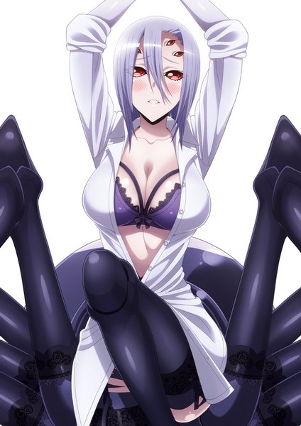 Anime picture 1130x1600 with monster musume no iru nichijou rachnera arachnera single tall image looking at viewer blush short hair breasts light erotic simple background red eyes white background grey hair official art open shirt monster girl girl shirt lingerie bra