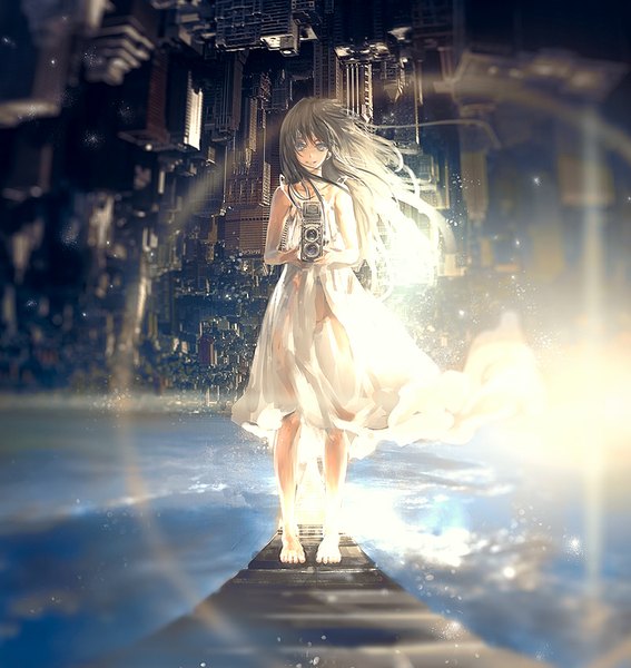 Anime picture 800x846 with original archlich single long hair tall image looking at viewer fringe black hair smile standing holding sky cloud (clouds) barefoot wind grey eyes upside down morning sunrise girl