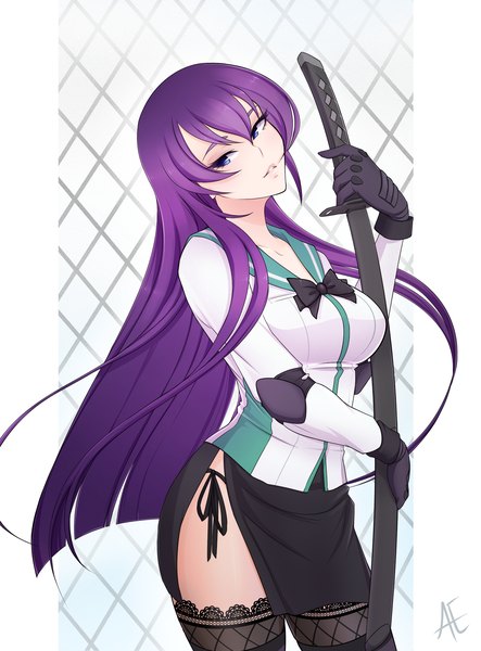 Anime picture 1500x2028 with highschool of the dead madhouse busujima saeko ae single long hair tall image fringe breasts blue eyes light erotic simple background standing purple hair girl thighhighs underwear panties weapon black thighhighs