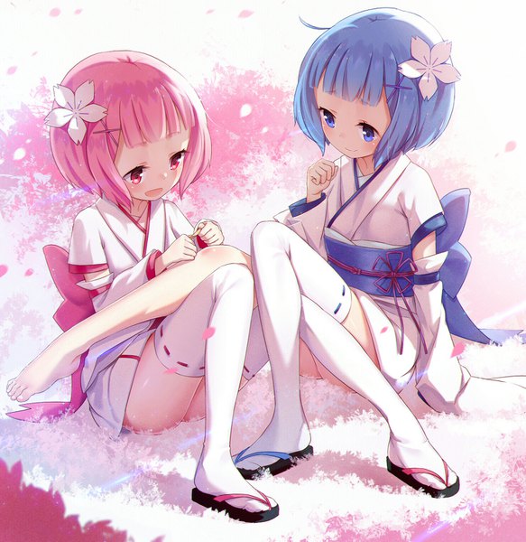 Anime picture 1480x1523 with re:zero kara hajimeru isekai seikatsu white fox rem (re:zero) ram (re:zero) ring (1079882045) tall image blush fringe short hair open mouth blue eyes light erotic smile sitting multiple girls blue hair looking away pink hair full body ahoge