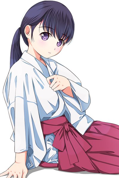 Anime picture 800x1200 with original matsunaga kouyou single long hair tall image looking at viewer black hair simple background white background purple eyes ponytail traditional clothes japanese clothes miko girl