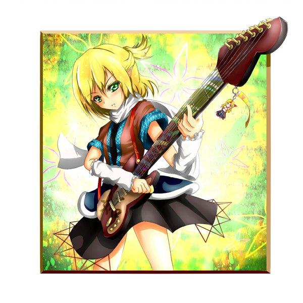Anime picture 1041x1041 with touhou mizuhashi parsee hoshiguma yuugi single blonde hair green eyes half updo girl skirt scarf guitar