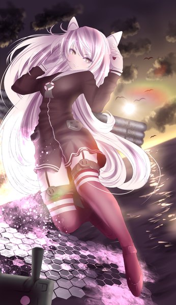 Anime picture 1200x2080 with kantai collection amatsukaze destroyer yusuke (shiota) single long hair tall image blush smile sky cloud (clouds) full body white hair long sleeves sunlight lens flare sunbeam girl thighhighs weapon animal
