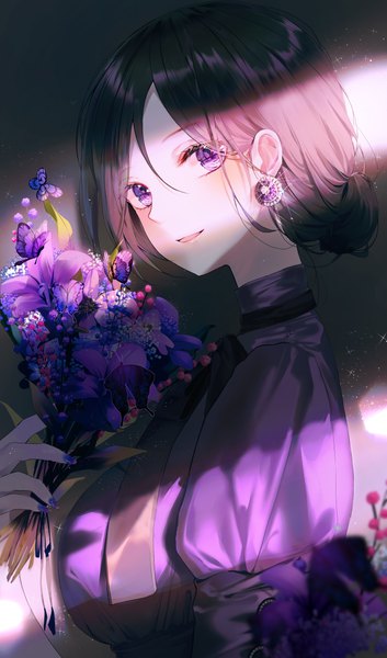 Anime picture 2176x3696 with original icebox46 single tall image looking at viewer blush fringe highres short hair breasts open mouth black hair simple background smile hair between eyes large breasts purple eyes holding upper body nail polish