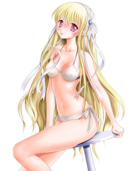 Anime picture 1512x1920 with honey coming clarissa satsuki maezono miharin (artist) single long hair tall image light erotic blonde hair red eyes sitting girl ribbon (ribbons) swimsuit bikini white bikini