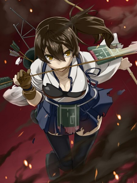 Anime picture 768x1024 with kantai collection kaga aircraft carrier maou single long hair tall image looking at viewer brown hair brown eyes ponytail torn clothes smoke broken girl thighhighs gloves ribbon (ribbons) weapon black thighhighs armor