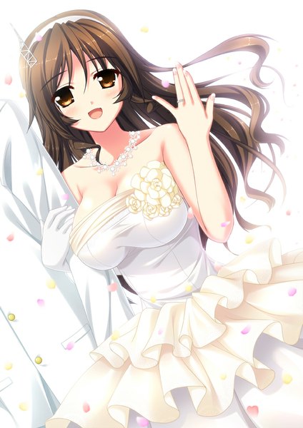 Anime picture 707x1000 with kantai collection ashigara heavy cruiser endori single long hair tall image looking at viewer open mouth simple background brown hair white background brown eyes girl dress hair ornament petals pendant wedding dress