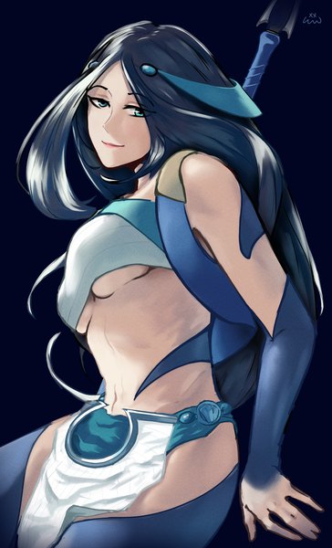 Anime picture 5794x9552 with tate no yuusha no nariagari kinema citrus sadeena (tate no yuusha no nariagari) emmiaw single long hair tall image looking at viewer highres breasts blue eyes light erotic black hair simple background smile large breasts sitting absurdres from below underboob