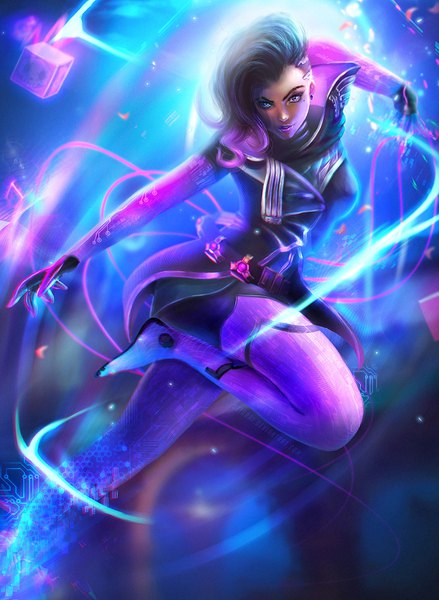 Anime picture 1134x1548 with overwatch blizzard entertainment sombra (overwatch) alice catrinel single long hair tall image looking at viewer fringe black hair standing purple eyes signed parted lips multicolored hair two-tone hair lipstick outstretched arm standing on one leg eyeshadow