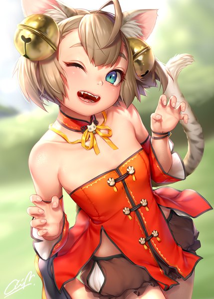 Anime-Bild 715x1000 mit original masami chie single tall image looking at viewer blush fringe short hair open mouth blue eyes smile brown hair standing bare shoulders signed animal ears ahoge tail traditional clothes head tilt