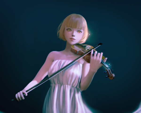 Anime picture 2500x2000 with original imayl (i mayl) single fringe highres short hair simple background blonde hair standing bare shoulders holding yellow eyes looking away blunt bangs lips realistic sparkle black background playing instrument girl