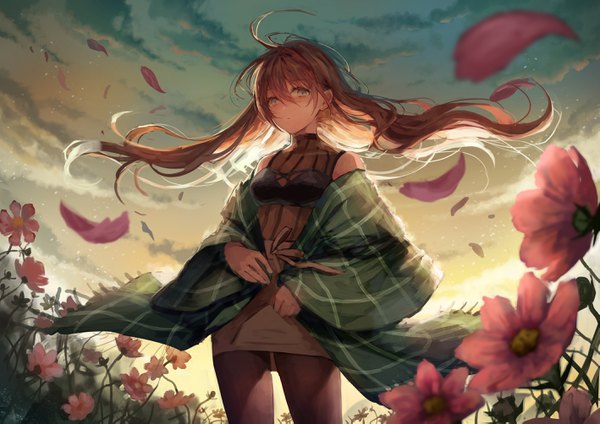 Anime-Bild 2833x2006 mit original okuma mai single long hair looking at viewer blush fringe highres hair between eyes brown hair standing sky cloud (clouds) ahoge outdoors wind silver eyes girl skirt flower (flowers)