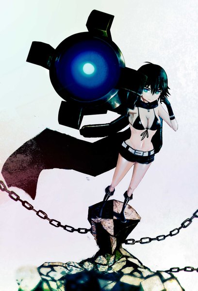 Anime picture 2612x3842 with black rock shooter steins;gate white fox shiina mayuri tall image looking at viewer highres short hair breasts blue eyes light erotic black hair smile girl weapon shorts boots chain bikini top