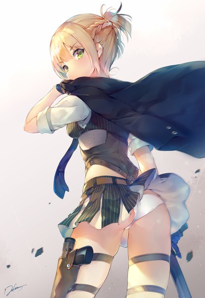 Anime picture 1020x1480 with girls frontline welrod mk2 (girls frontline) deecha single tall image looking at viewer blush fringe short hair light erotic simple background blonde hair twintails holding green eyes signed payot ass braid (braids) pleated skirt