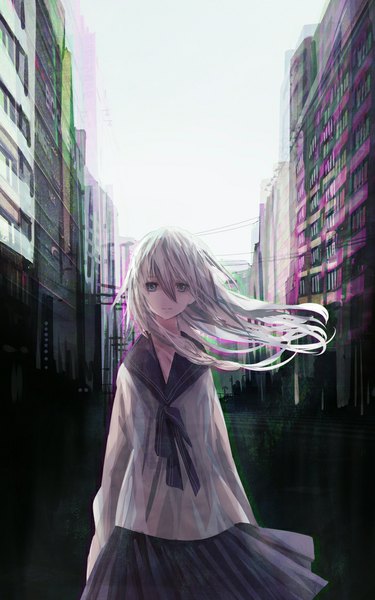 Anime picture 626x1000 with original nonoharak single long hair tall image looking at viewer blue eyes standing white hair braid (braids) long sleeves pleated skirt light smile wind city girl skirt uniform school uniform building (buildings)