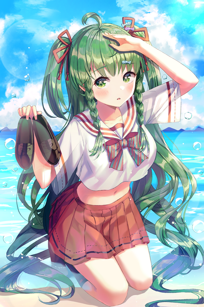 Anime picture 1333x2000 with houchi shoujo ding feng (houchi shoujo) ruda (ruda e) single tall image blush green eyes sky cloud (clouds) ahoge braid (braids) very long hair green hair midriff two side up twin braids kneeling partially submerged lens flare hand on head