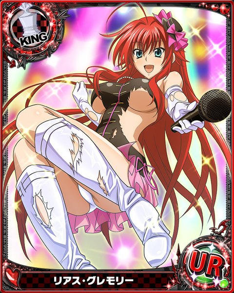 Anime picture 640x800 with highschool dxd rias gremory single tall image looking at viewer breasts open mouth blue eyes light erotic large breasts red hair very long hair torn clothes card (medium) girl dress gloves underwear panties hat