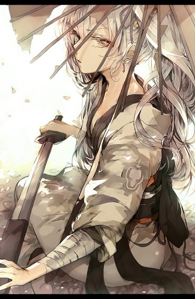 Anime picture 900x1374 with original ayatoki-1 single long hair tall image looking at viewer sitting holding silver hair ponytail traditional clothes japanese clothes wavy hair girl weapon earrings petals sword katana umbrella