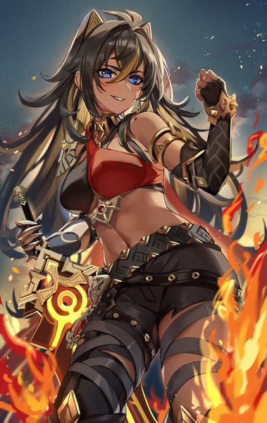 Anime picture 2315x3668 with genshin impact dehya (genshin impact) enyanyann single long hair tall image looking at viewer fringe highres breasts blue eyes light erotic black hair smile hair between eyes large breasts standing holding animal ears cloud (clouds)