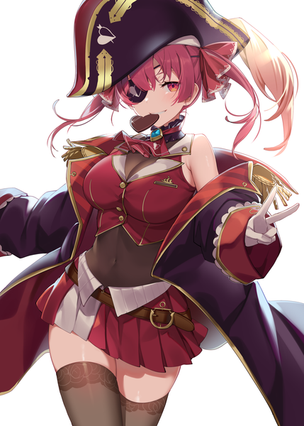 Anime picture 1287x1800 with virtual youtuber hololive houshou marine houshou marine (1st costume) ikomochi single long hair tall image fringe simple background hair between eyes red eyes white background twintails holding red hair pleated skirt off shoulder mouth hold victory