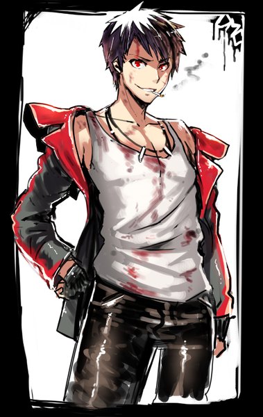 Anime picture 1000x1583 with devil may cry dante (devil may cry) memememe single tall image looking at viewer short hair black hair smile red eyes standing open clothes open jacket hand on hip smirk boy gloves jacket fingerless gloves pendant