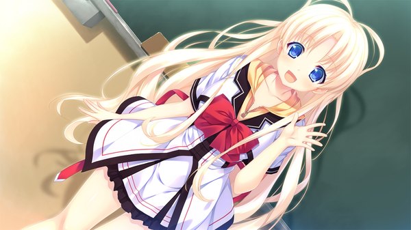 Anime picture 1280x720 with lovesick puppies sofiya sankuro single open mouth blue eyes blonde hair smile wide image game cg very long hair shadow classroom girl skirt uniform ribbon (ribbons) school uniform school