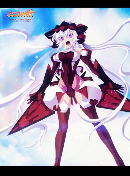 Anime picture 1000x1357 with senki zesshou symphogear satelight yukine chris salim202 single tall image open mouth light erotic sky cloud (clouds) white hair very long hair pink eyes inscription coloring hieroglyph screaming mecha musume girl thighhighs