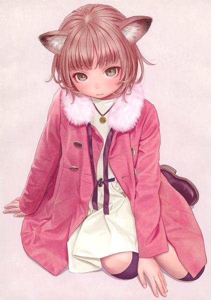Anime picture 2867x4072 with original range murata single tall image looking at viewer highres short hair simple background brown hair sitting green eyes animal ears long sleeves scan open clothes pink background yokozuwari girl thighhighs dress