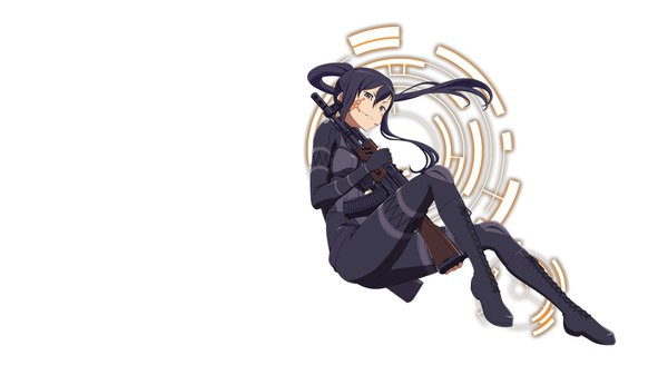 Anime picture 1920x1080 with sword art online sword art online alternative: gun gale online a-1 pictures pitohui (sao) single long hair looking at viewer fringe highres black hair simple background hair between eyes wide image white background holding payot full body bent knee (knees) ponytail light smile