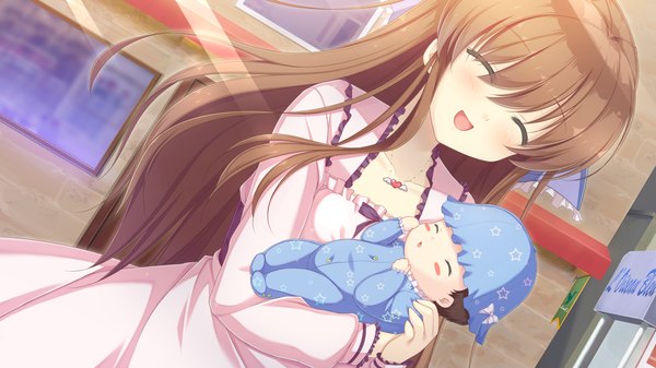 Anime picture 2560x1440 with mizu no miyako no patisserie kanda mari long hair blush highres open mouth brown hair wide image game cg eyes closed ^ ^ ^o^ blush stickers girl dress child (children)