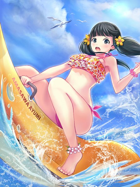 Anime picture 600x800 with original dorakyura single long hair tall image looking at viewer blush fringe breasts open mouth blue eyes light erotic black hair large breasts sitting twintails bare shoulders sky cloud (clouds) hair flower