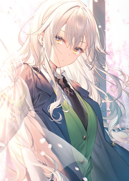 Anime picture 1212x1691 with original toosaka asagi single long hair tall image looking at viewer fringe hair between eyes yellow eyes silver hair upper body wind open clothes cherry blossoms girl uniform school uniform petals necktie curtains
