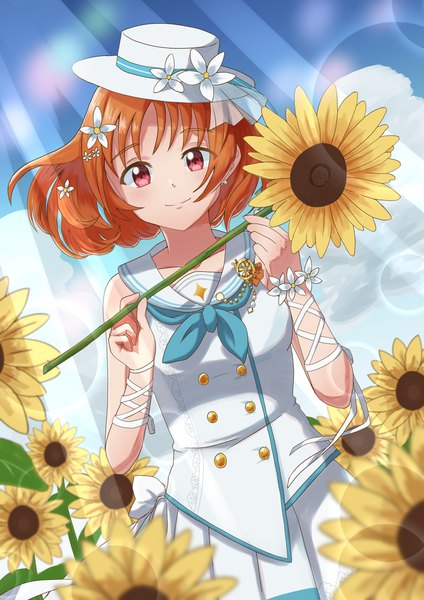 Anime picture 3035x4299 with love live! sunshine!! sunrise (studio) love live! takami chika taiyakippassion single tall image looking at viewer blush fringe highres short hair breasts smile red eyes holding absurdres sky cloud (clouds) outdoors