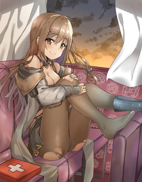 Anime picture 1300x1658 with girls frontline k-2 (girls frontline) nyung single long hair tall image looking at viewer blush fringe breasts light erotic smile hair between eyes brown hair sitting brown eyes payot sky cleavage cloud (clouds)