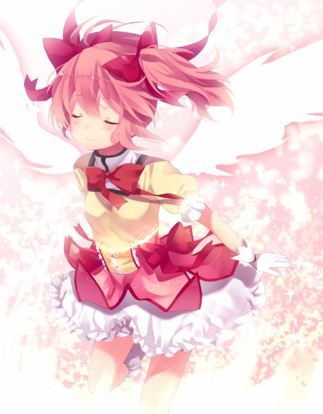 Anime picture 1000x1281 with mahou shoujo madoka magica shaft (studio) kaname madoka marotti single tall image blush short hair pink hair eyes closed girl dress bow hair bow wings bowtie