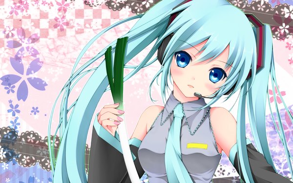 Anime picture 2800x1750 with vocaloid hatsune miku bud146 single looking at viewer blush highres blue eyes wide image twintails very long hair aqua hair girl detached sleeves necktie headphones leek