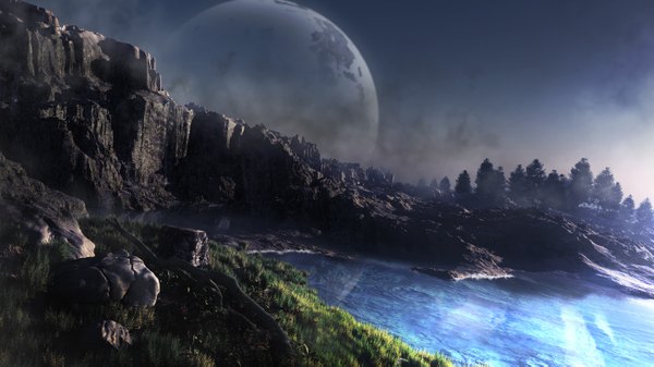 Anime picture 2868x1613 with original y-k highres wide image mountain no people landscape nature rock plant (plants) water moon grass cliff