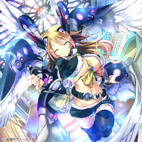 Anime picture 1500x1500 with venus gear (game) yamacchi single long hair breasts light erotic blonde hair eyes closed light smile flying mechanical wings futuristic girl hair ornament wings shorts bracelet belt scarf