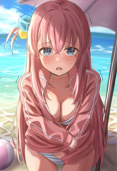 Anime picture 1402x2047 with bocchi the rock! cloverworks gotou hitori kirinagi35 single long hair tall image looking at viewer fringe breasts blue eyes light erotic hair between eyes pink hair from above open jacket beach one side up sweatdrop trembling