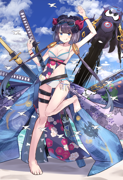 Anime picture 1400x2036 with fate (series) fate/grand order katsushika hokusai (fate/grand order) tokitarou (fate/grand order) katsushika hokusai (swimsuit saber) (fate) xenonstriker single long hair tall image looking at viewer blush fringe breasts blue eyes light erotic large breasts standing twintails holding sky