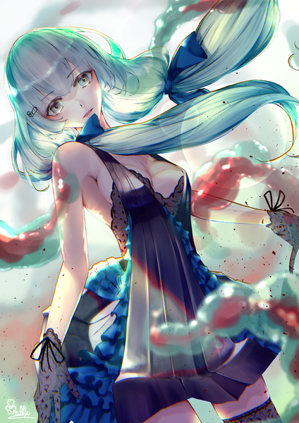 Anime picture 2894x4093 with original alpakakkax2 single long hair tall image fringe highres breasts light erotic hair between eyes twintails signed cleavage aqua eyes aqua hair low twintails girl dress gloves bow