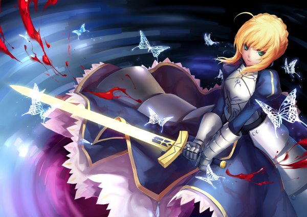 Anime picture 1300x920 with fate (series) fate/stay night type-moon artoria pendragon (all) saber yomi yasou single fringe blonde hair holding looking away ahoge aqua eyes glowing weapon girl dress weapon sword armor insect