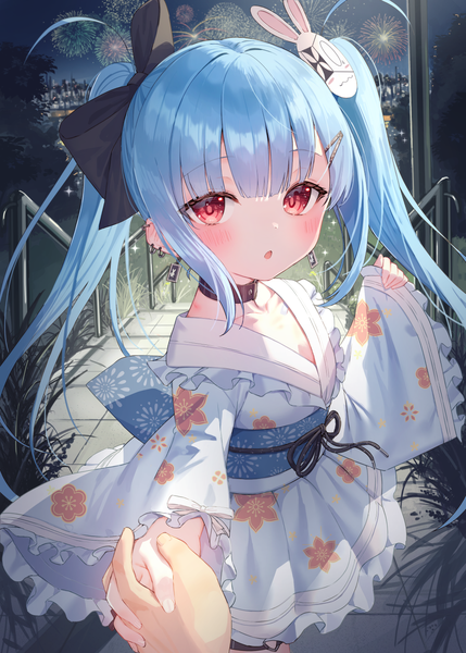 Anime picture 1036x1450 with original tsukiman long hair tall image looking at viewer blush fringe open mouth red eyes standing twintails payot blue hair outdoors blunt bangs traditional clothes japanese clothes night wide sleeves :o