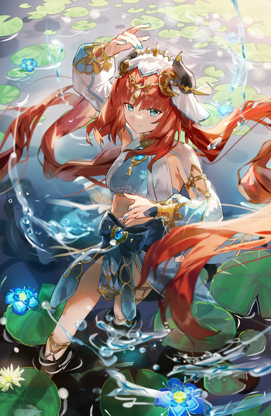 Anime picture 1049x1609 with genshin impact nilou (genshin impact) grape (pixiv27523889) single long hair tall image fringe twintails looking away red hair blunt bangs long sleeves nail polish arm up horn (horns) aqua eyes from above light smile partially submerged floating hair