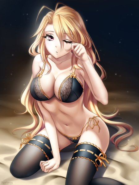 Anime picture 750x1000 with original gigamessy single long hair tall image looking at viewer fringe breasts light erotic simple background blonde hair hair between eyes large breasts sitting bare shoulders signed cleavage ahoge parted lips head tilt