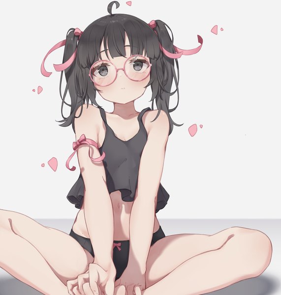 Anime picture 1991x2091 with original yadon otaku single long hair tall image blush highres light erotic black hair simple background sitting twintails ahoge black eyes bare legs sleeveless underwear only expressionless indian style girl