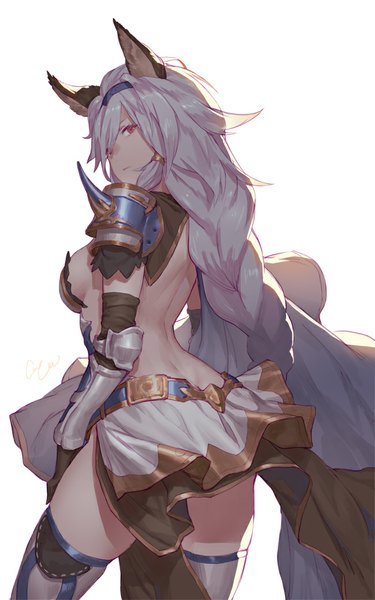 Anime picture 650x1040 with granblue fantasy heles cancer (zjcconan) single tall image fringe light erotic simple background standing white background animal ears silver hair braid (braids) very long hair pink eyes from behind no bra shadow zettai ryouiki single braid